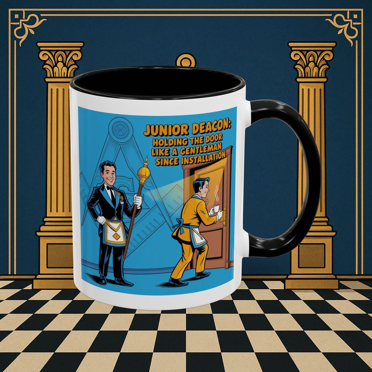 Premium Ready to Go Freemason Design | Masonic Manners: Vintage Cartoon Guide to Junior Deacon Etiquette, Junior Deacon - Masonic Mugs