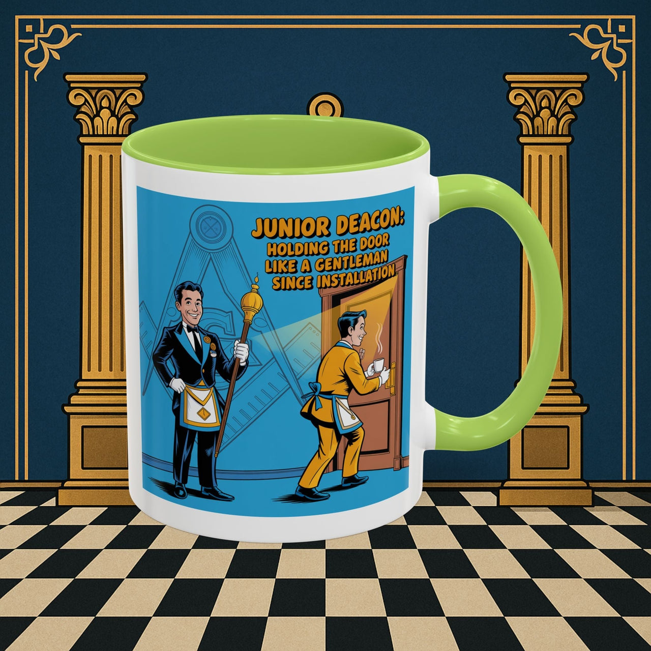 Premium Ready to Go Freemason Design | Masonic Manners: Vintage Cartoon Guide to Junior Deacon Etiquette, Junior Deacon - Masonic Mugs