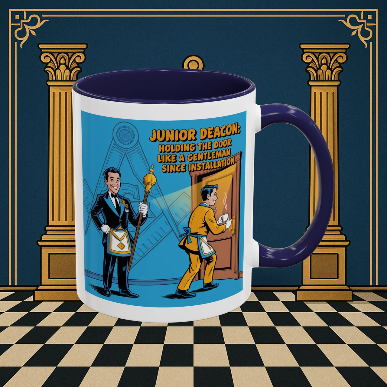 Premium Ready to Go Freemason Design | Masonic Manners: Vintage Cartoon Guide to Junior Deacon Etiquette, Junior Deacon - Masonic Mugs